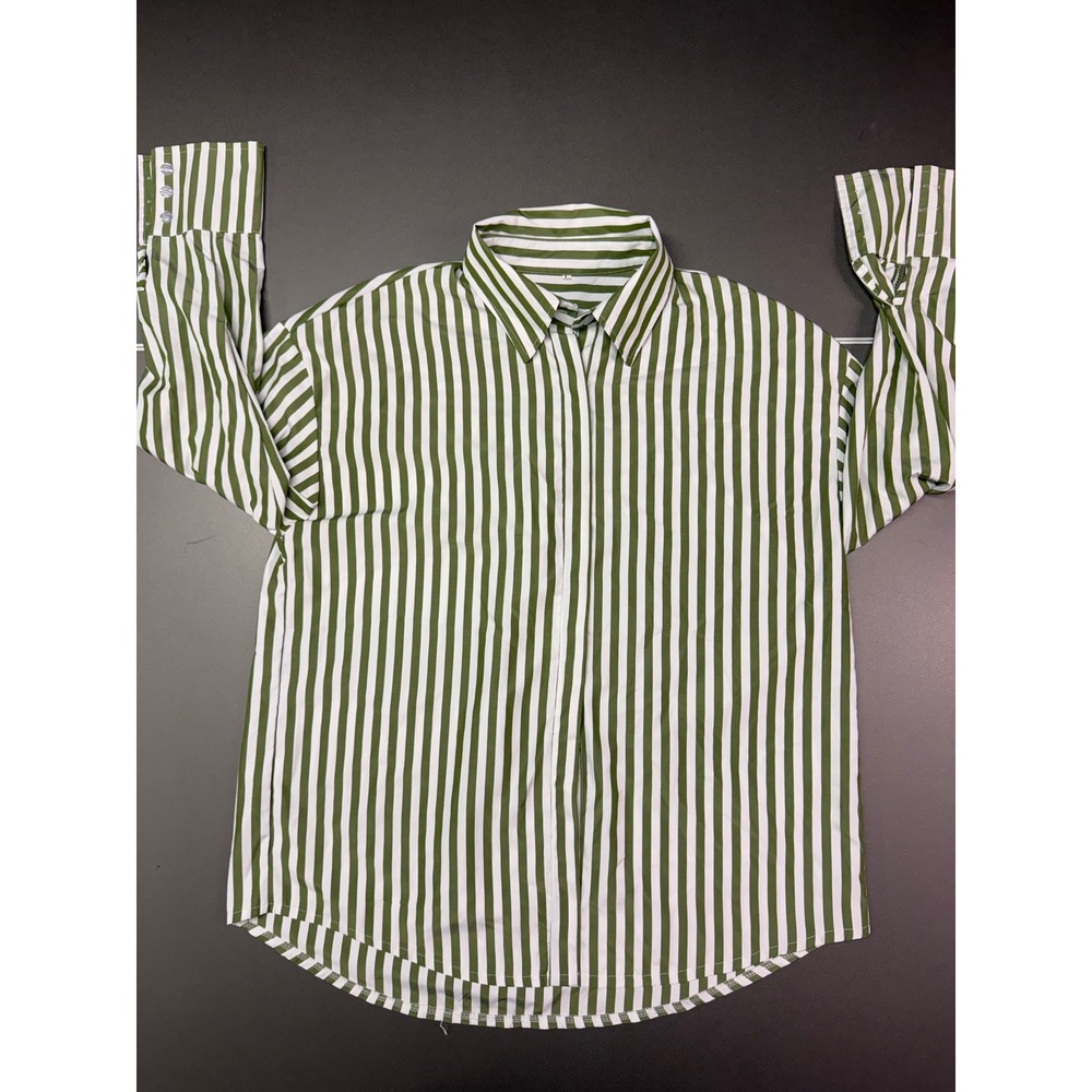 Olive Green White Striped Button Down Shirt Long Sleeve Triple Button Cuff L